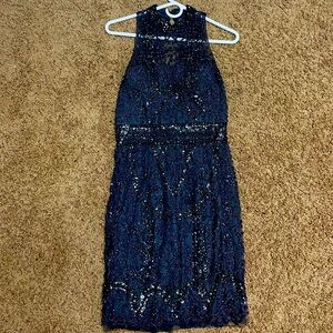 Navy blue cocktail/homecoming dress, open back, above knee length